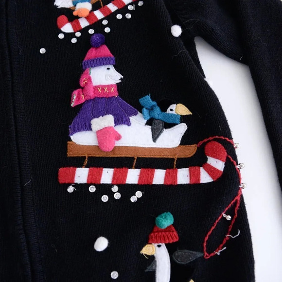 Vintage Karen Scott Sport  Petite Black Christmas Cardigan Petite Small - Picture 8 of 13